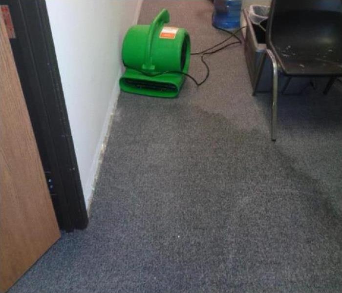 Water soaked carpet with green air mover.